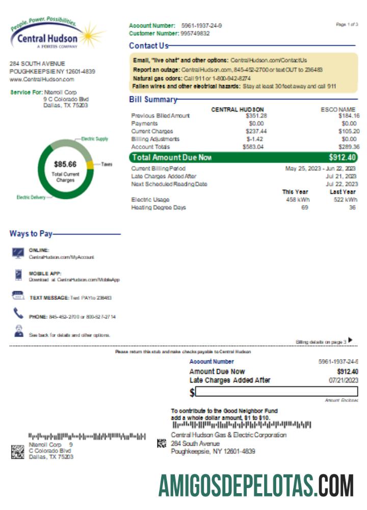 Projeto de lei de serviços públicos do Central Hudson Energy Group, página 1, SCR exemplo real